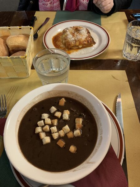 black bean soup with croutons and eggplant parmigiana